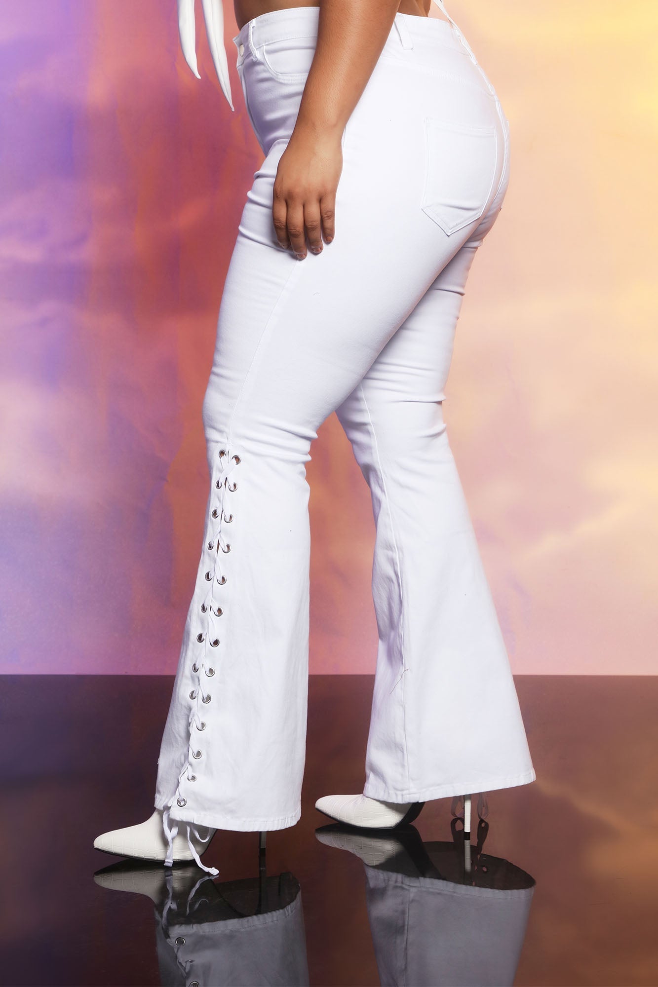 Strings Attached Lace Up Flare Jeans - White