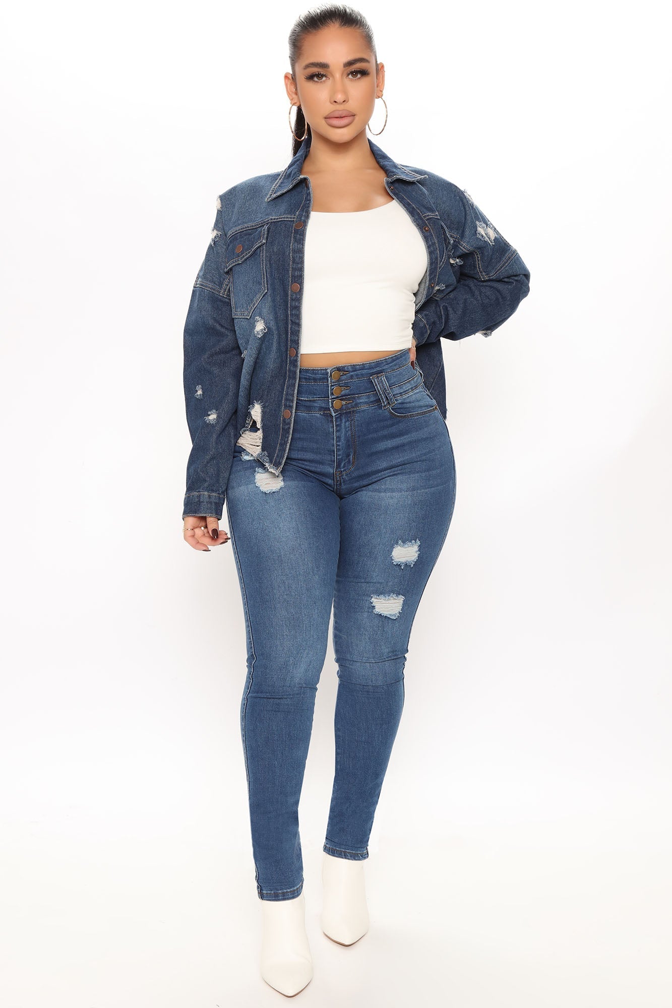 Stacked Waist Skinny Jeans - Medium Blue Wash