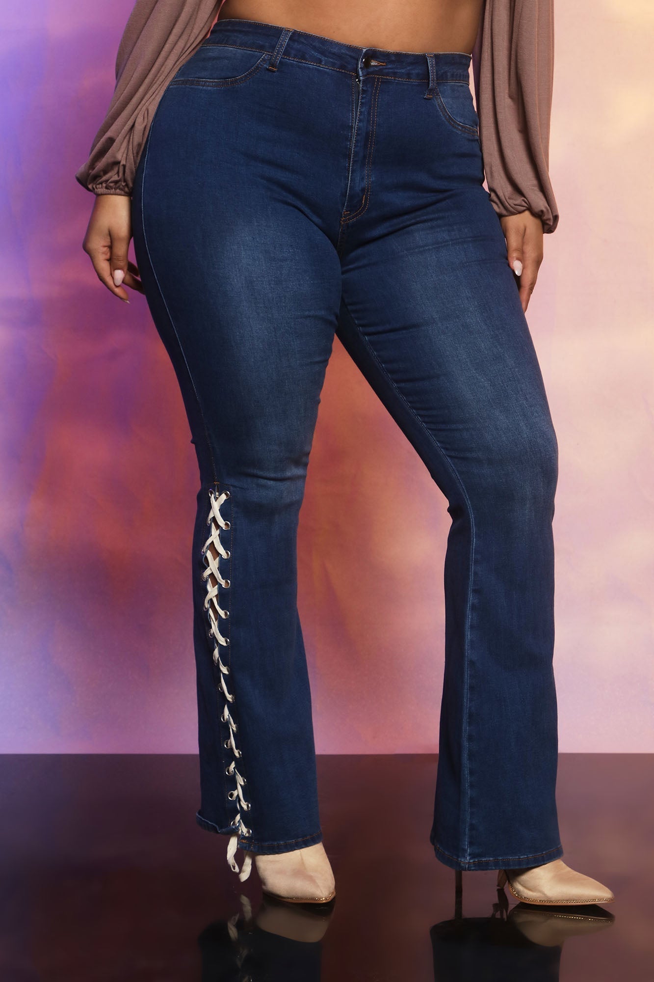 Strings Attached Lace Up Flare Jeans - Dark Wash