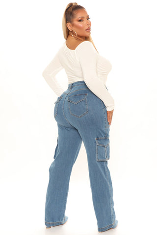 Won't Be Knocked Down Cargo Boyfriend Jeans - Medium Blue Wash