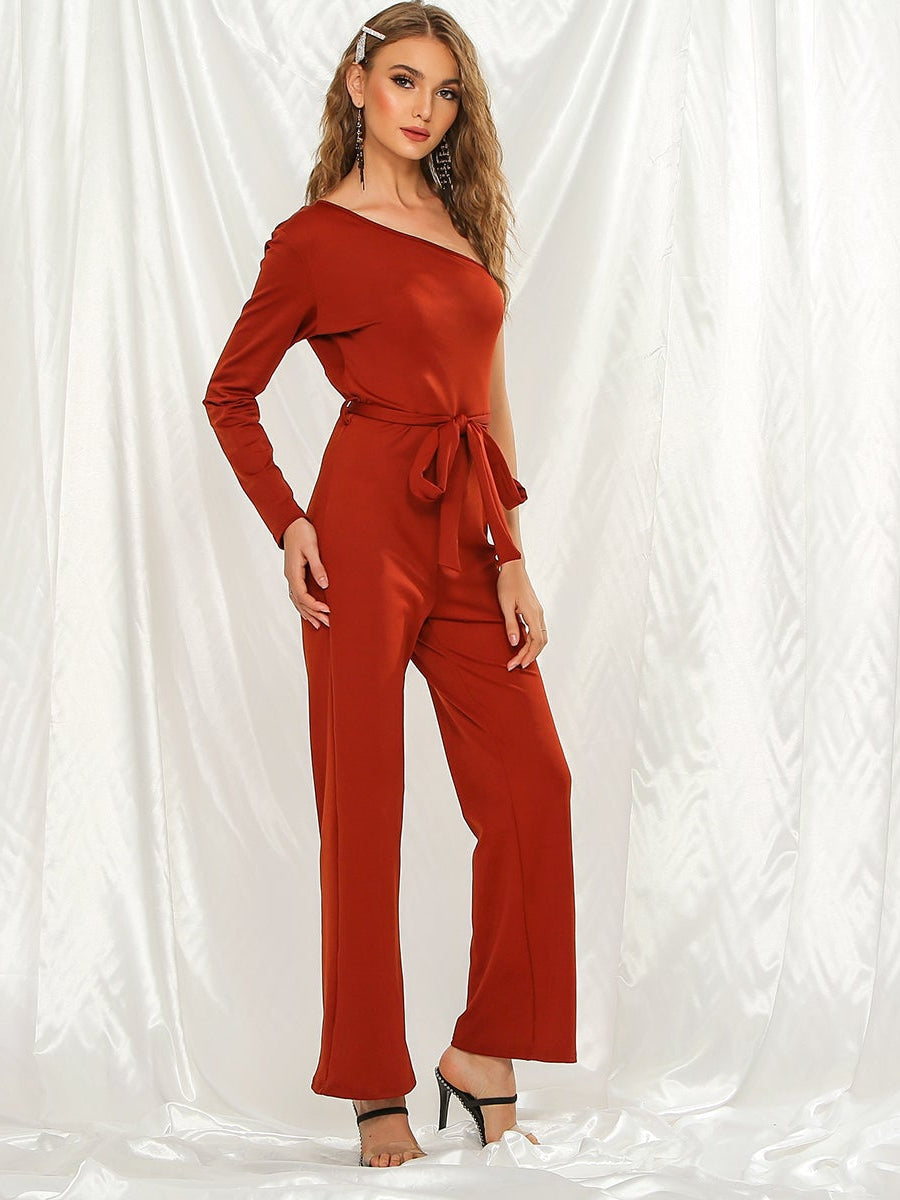 Solid color sloping shoulder slim fit flared pants casual jumpsuit