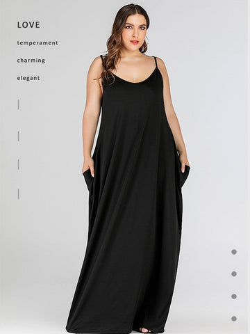 Solid Loose Double Pocket Sling Long Dress