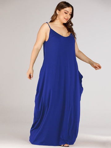 Solid Loose Double Pocket Sling Long Dress