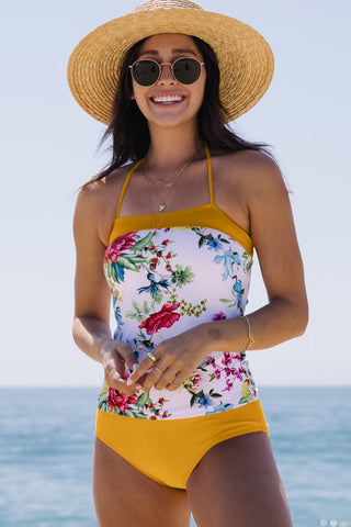 Flower Print Halter Neck Tummy Control Tankini Set