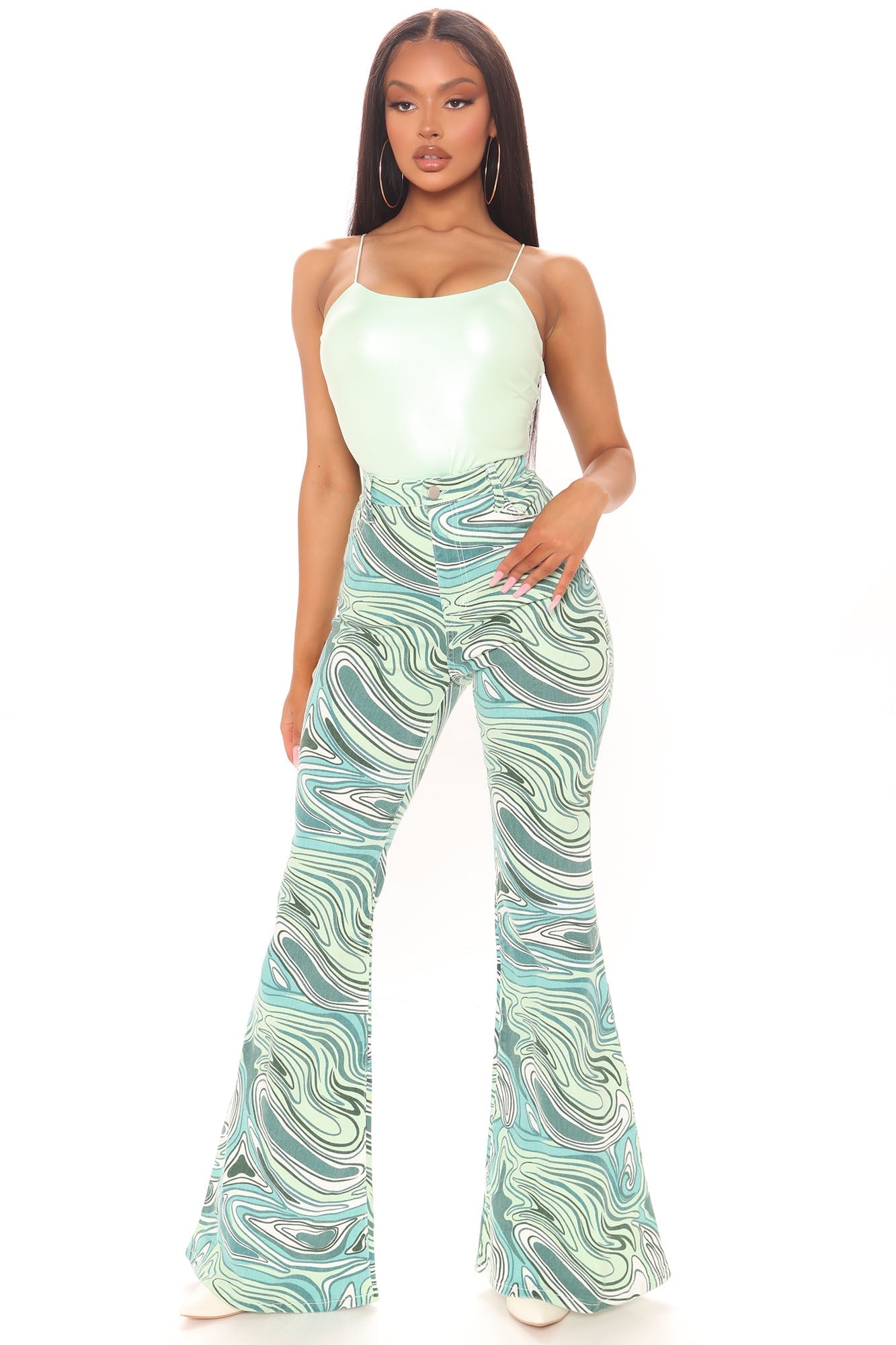 Too Groovy Swirl Print Flare Jeans - Green/combo