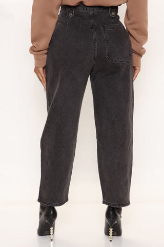 Western Showdown Non Stretch Balloon Mom Jeans - Black