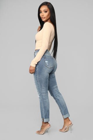 Teisha Distressed Boyfriend Jeans - Medium Blue Wash