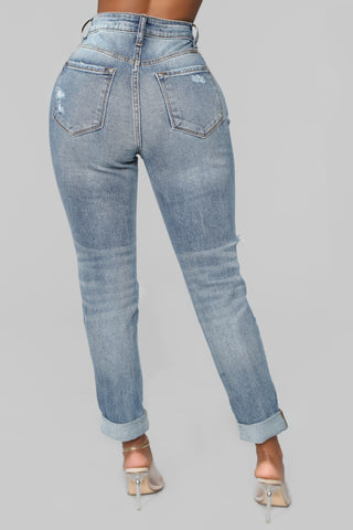 Teisha Distressed Boyfriend Jeans - Medium Blue Wash