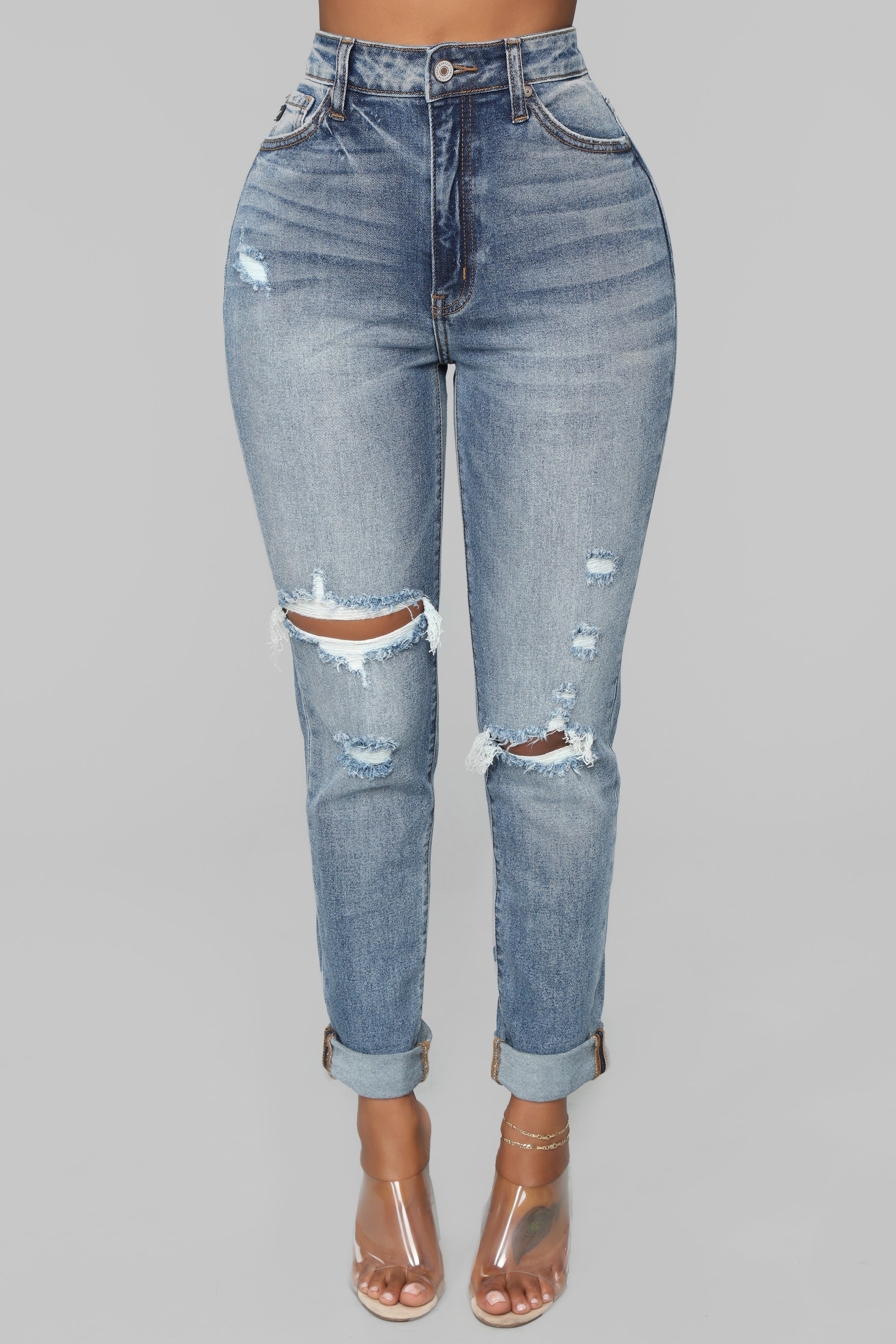 Teisha Distressed Boyfriend Jeans - Medium Blue Wash