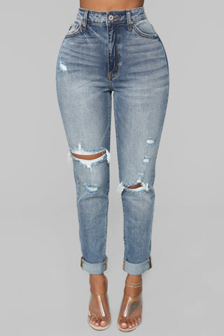 Teisha Distressed Boyfriend Jeans - Medium Blue Wash