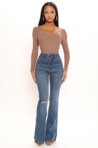 That's Hot Sculpting Split Hem Flare Jeans - Medium Blue Wash