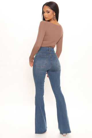 That's Hot Sculpting Split Hem Flare Jeans - Medium Blue Wash