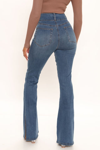 That's Hot Sculpting Split Hem Flare Jeans - Medium Blue Wash