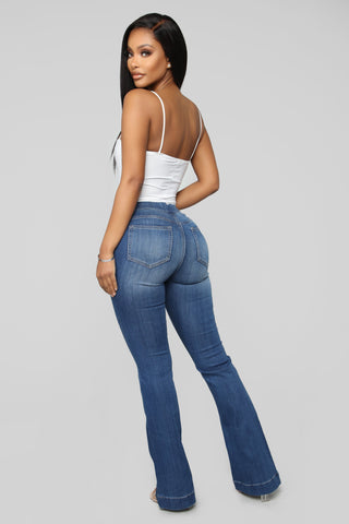 Start Something Mid Rise Flare Jeans - Medium Blue Wash