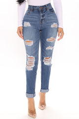 Wife Her Up Ripped Mom Jeans - Medium Blue Wash