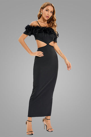 Cutout Feather Trim Spaghetti Strap Dress