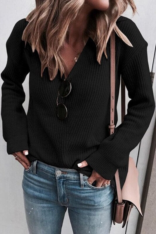 V-Neck Long Sleeve Solid Knit Sweater