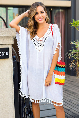 Fringe Hem Openwork Cover-Up Dress