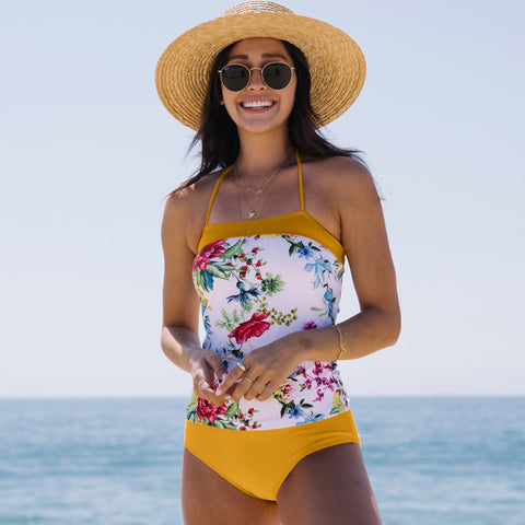 Flower Print Halter Neck Tummy Control Tankini Set