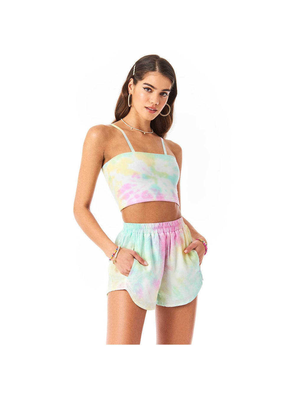 Tie-dye wrap chest camisole cropped slim shorts casual suit