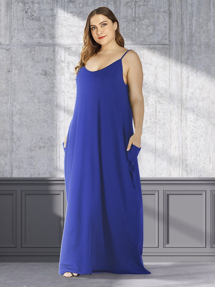 Solid Loose Double Pocket Sling Long Dress