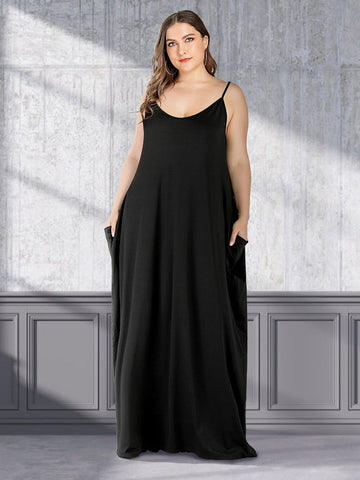 Solid Loose Double Pocket Sling Long Dress