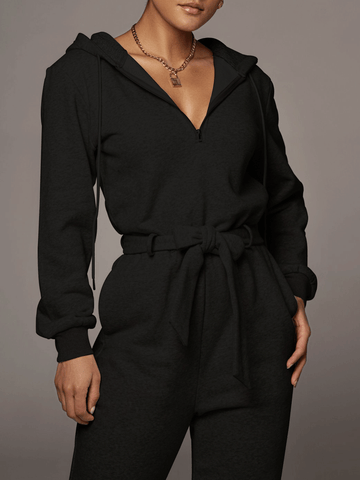 Zippered Hooded Belt Long Sleeve Cargo Jumpsuit