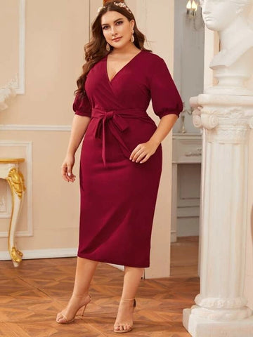 Solid Color V-Neck Neck Waist Dress