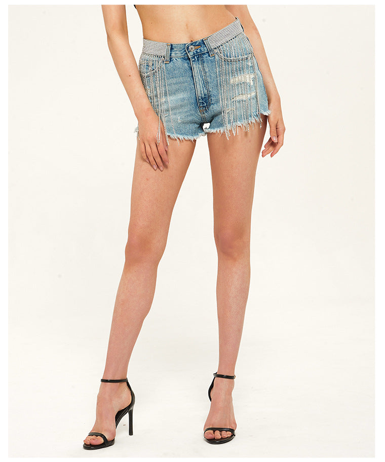 TITANIA LINSLEY RHINESTONE FRINGE DENIM SHORT