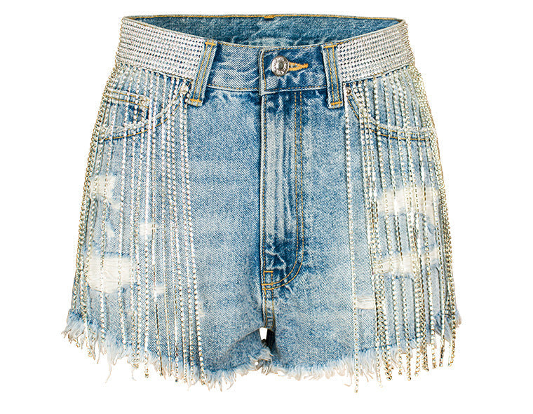 TITANIA LINSLEY RHINESTONE FRINGE DENIM SHORT