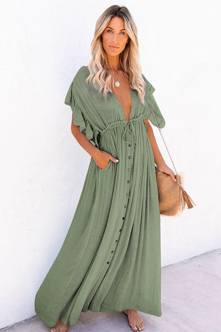 White Cover-ups Bikini Cover up Kaftan Women Long Maxi Dress Solid V neck Ladies Holiday Dress