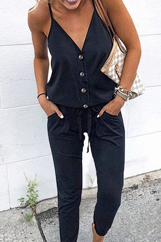 Solid Buttons With Belt V Neck Loose Jumpsuits