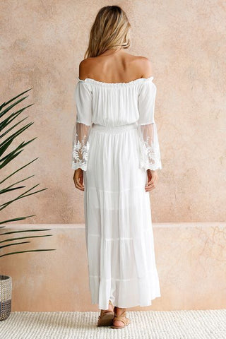 Three-Quarter Sleeve Floor-Length Pleated Off Shoulder Expansion Women's Dress