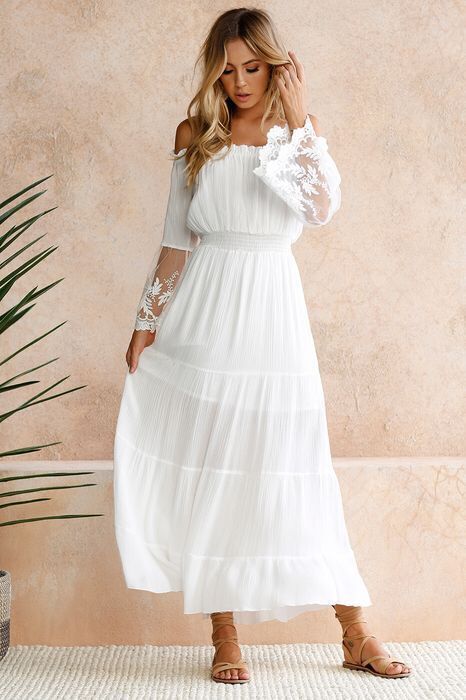 Three-Quarter Sleeve Floor-Length Pleated Off Shoulder Expansion Women's Dress