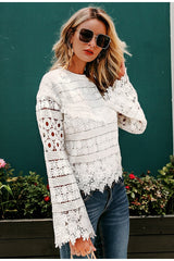 White Floral Lace Long Sleeve Blouse Top
