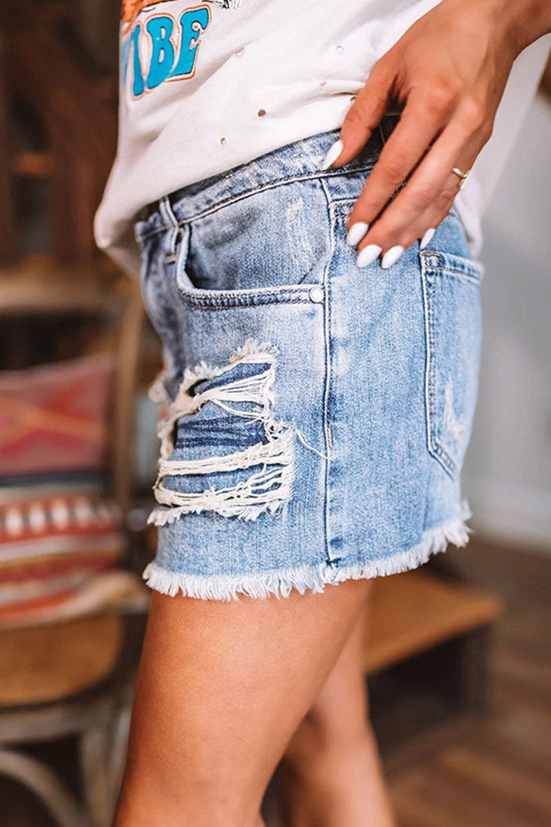 Solid Ripped High Waist Straight Denim Shorts