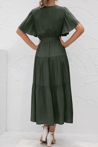 Solid Split Joint With Belt V Neck Cake Skirt Dresses