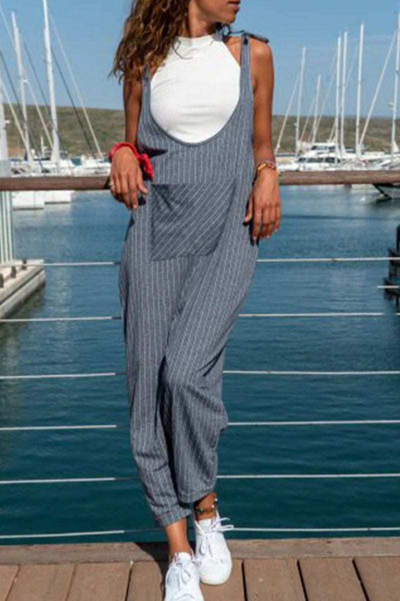 Striped Pocket Spaghetti Strap Loose Jumpsuits