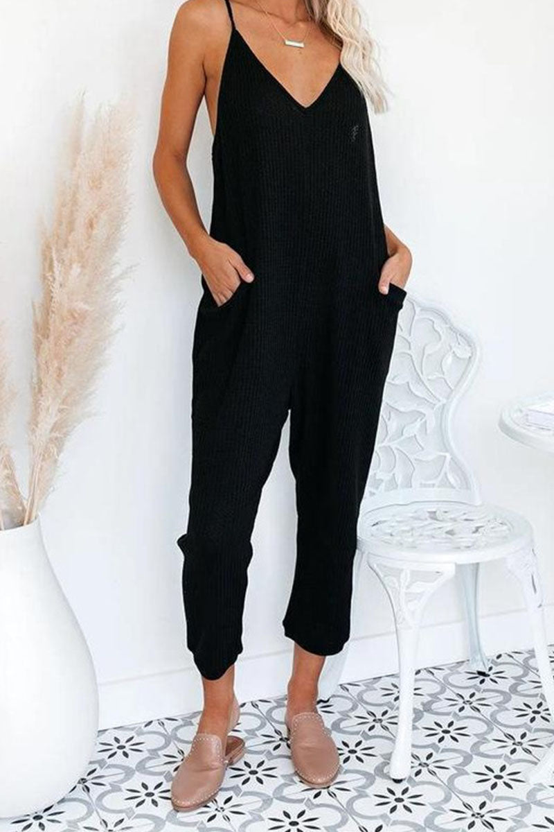 Solid Pocket V Neck Loose Jumpsuits