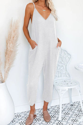 Solid Pocket V Neck Loose Jumpsuits