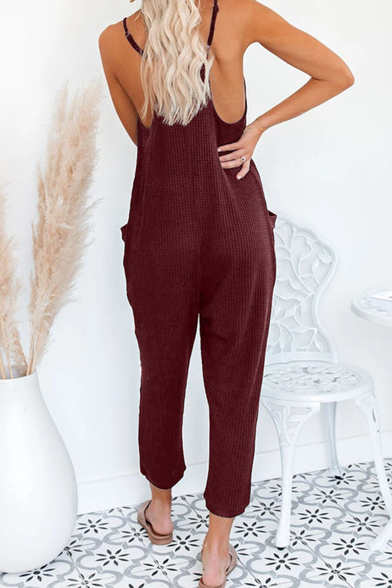 Solid Pocket V Neck Loose Jumpsuits