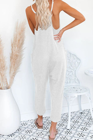 Solid Pocket V Neck Loose Jumpsuits