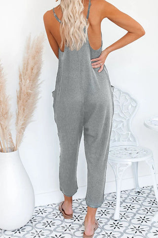 Solid Pocket V Neck Loose Jumpsuits