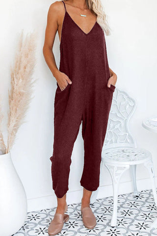 Solid Pocket V Neck Loose Jumpsuits