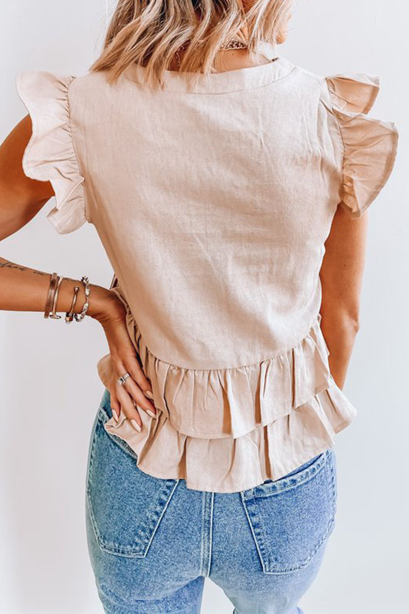 Solid Buckle Flounce V Neck Tops