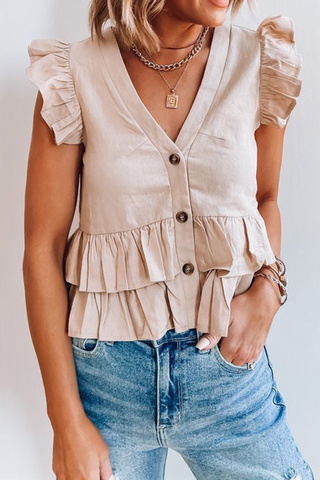 Solid Buckle Flounce V Neck Tops