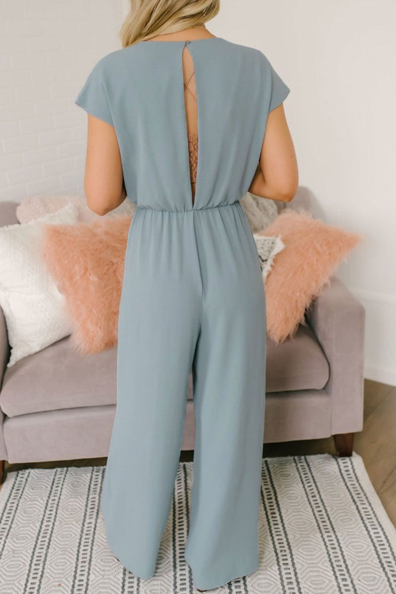 Solid Backless V Neck Loose Jumpsuits