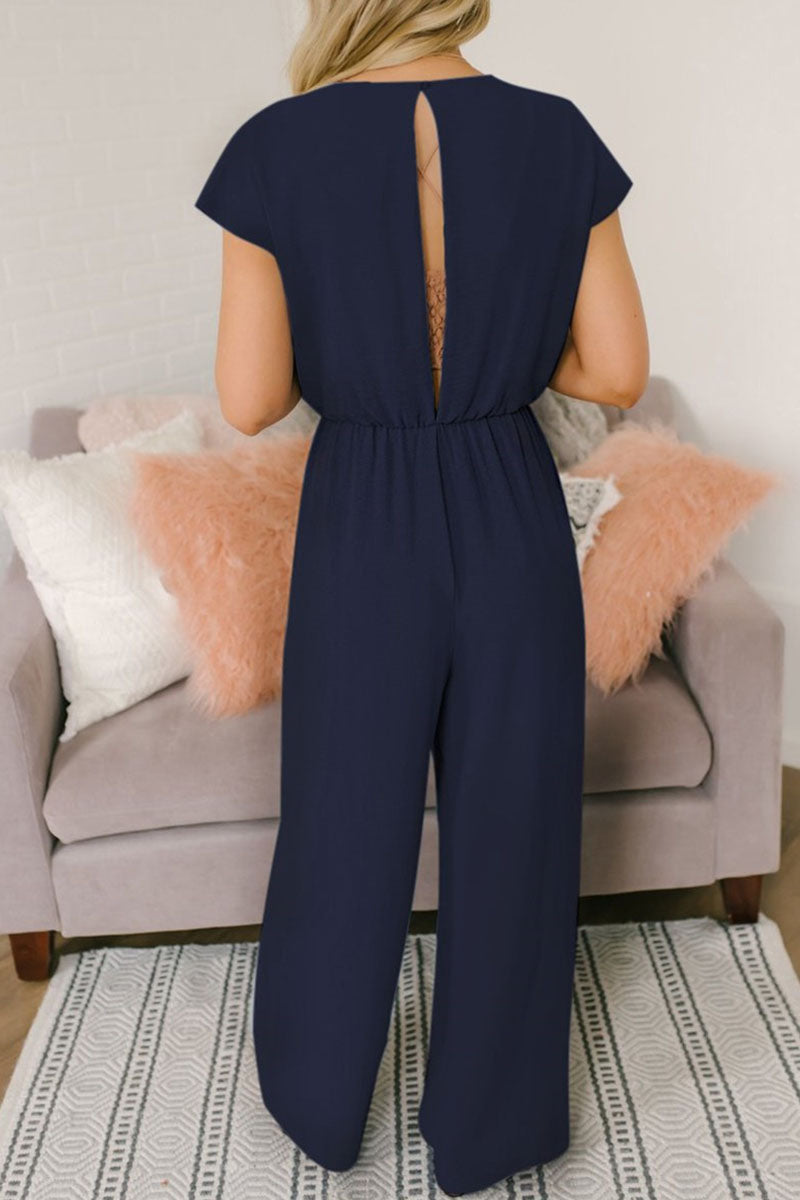 Solid Backless V Neck Loose Jumpsuits