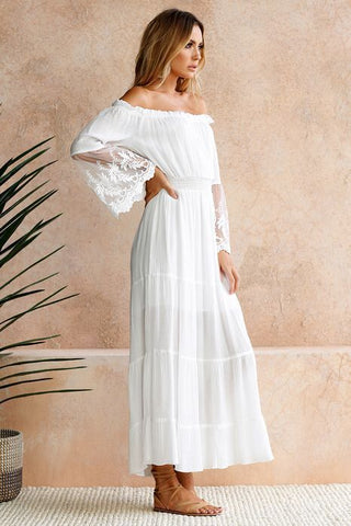 Three-Quarter Sleeve Floor-Length Pleated Off Shoulder Expansion Women's Dress