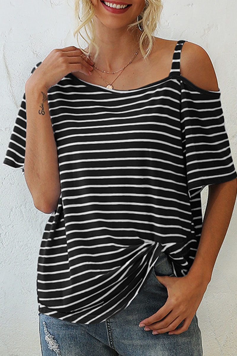 Striped Oblique Collar T-Shirts